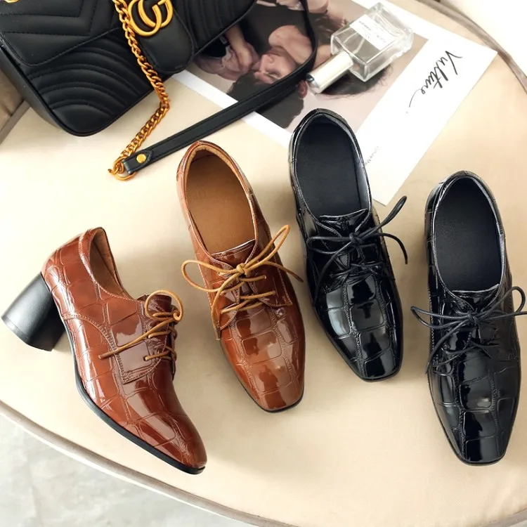 

GPOKHDS 2019 women Pumps soft cow leather autumn spring lace up square toe brown color high heels pumps size 34-42