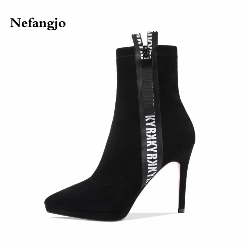 

Nefangjo 2018 Faux Suede zipper fashion Ankle Boots for Women Shoes Pointed Toe High Square Heel Botas Mujer Botte Femme