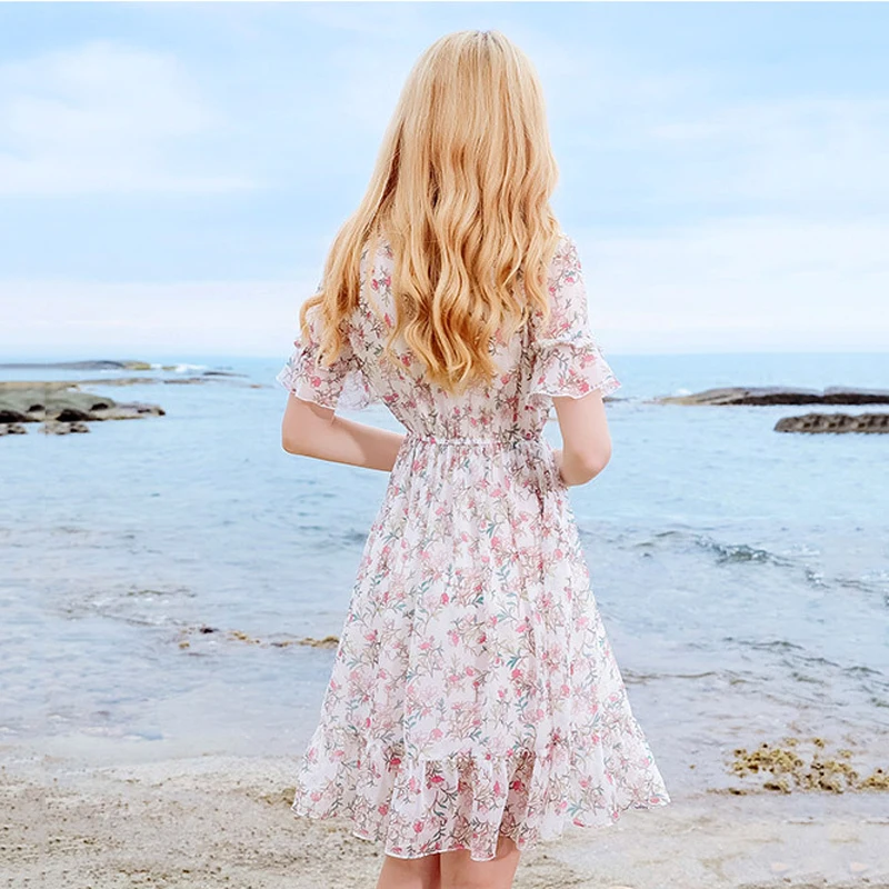 Boho женское летнее шифоновое платье с v образным вырезом и бантом расклешенными