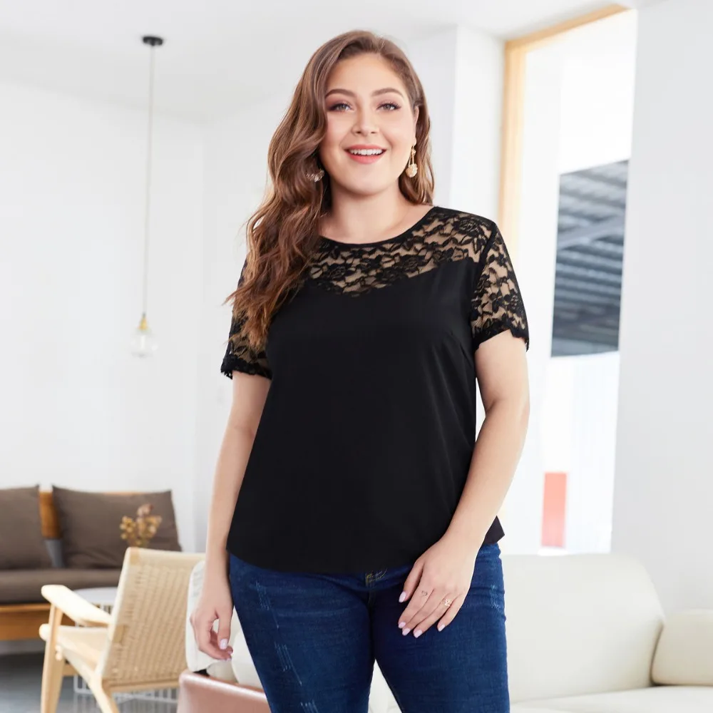 

WHZHM Summer Flower Lace Sexy 3XL Tops Women t shirt Ladies Plus Size 4XL Casual Short Sleeve Black Office T shirt Female XR053