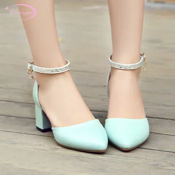 

Japanese sweet style sexy pointed toe summer sandals fashion rhinestone buckle white blue pink high-heeled chunky women's shoes