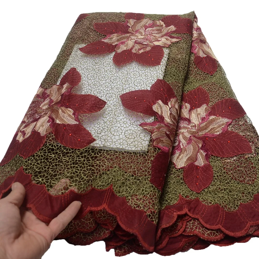 

HFX Big Flower Wine/Green Guipure Lace Fabric Nigeria French Net Lace Embroidered Latest African High Quality Stone Lace X1315-1