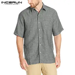 INCERUN повседневная мужская рубашка с коротким рукавом, однотонные карманы, свободные винтажные топы, деловые рубашки для мужчин, уличная
