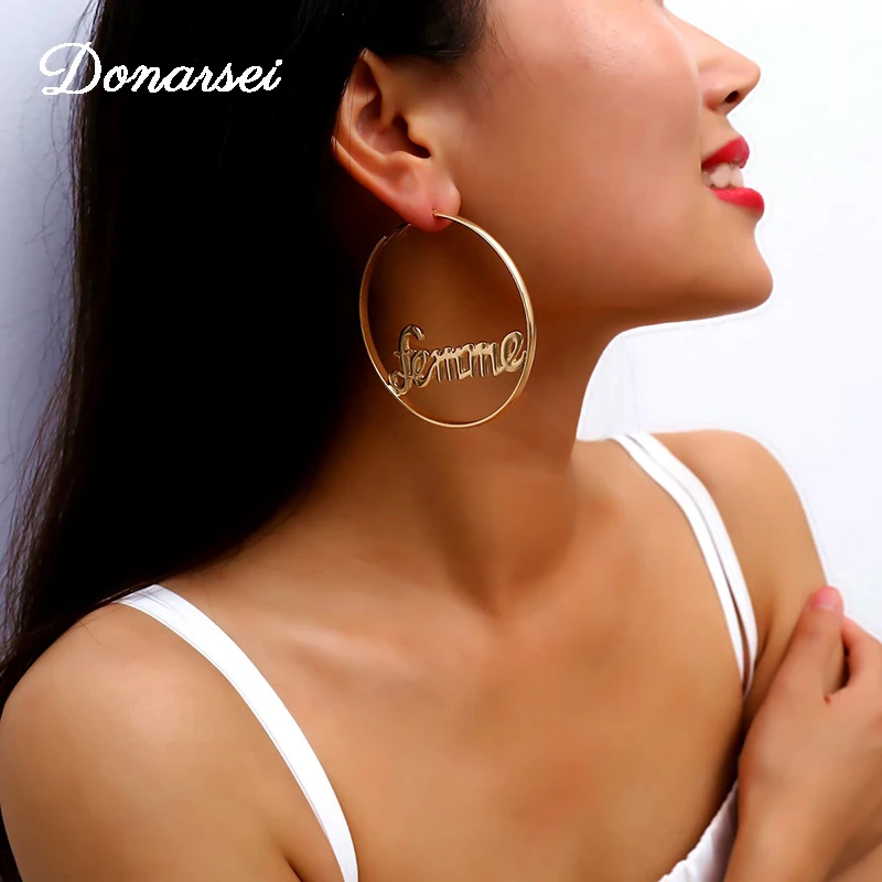 

Donarsei Exaggerated Round Letters Big Smooth Hoop Earrings For Women Gold Baby Femme Basketball Wifes Circle Earrings Party