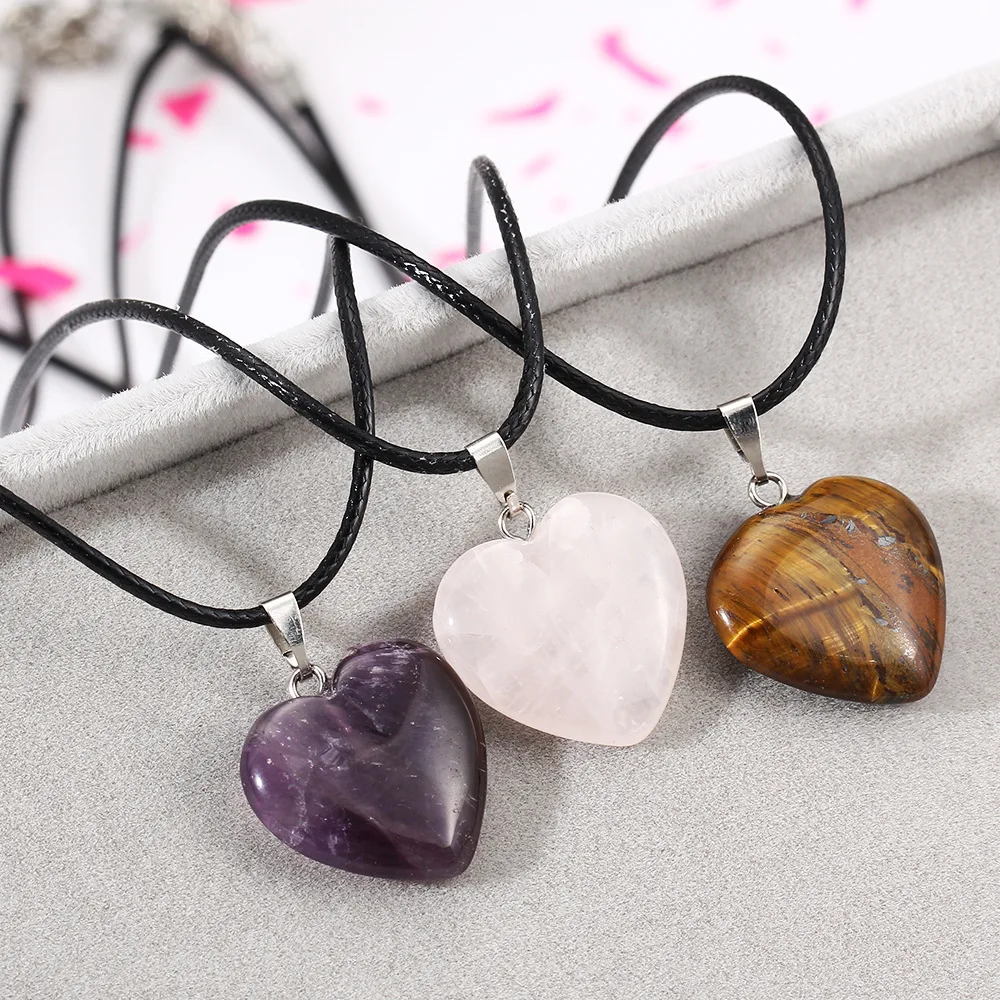 

Pink Purple Tiger Eye Natural Stone Heart Pendants Necklaces Silver Color Charm Black Leather Rope Chain Women Jewelry