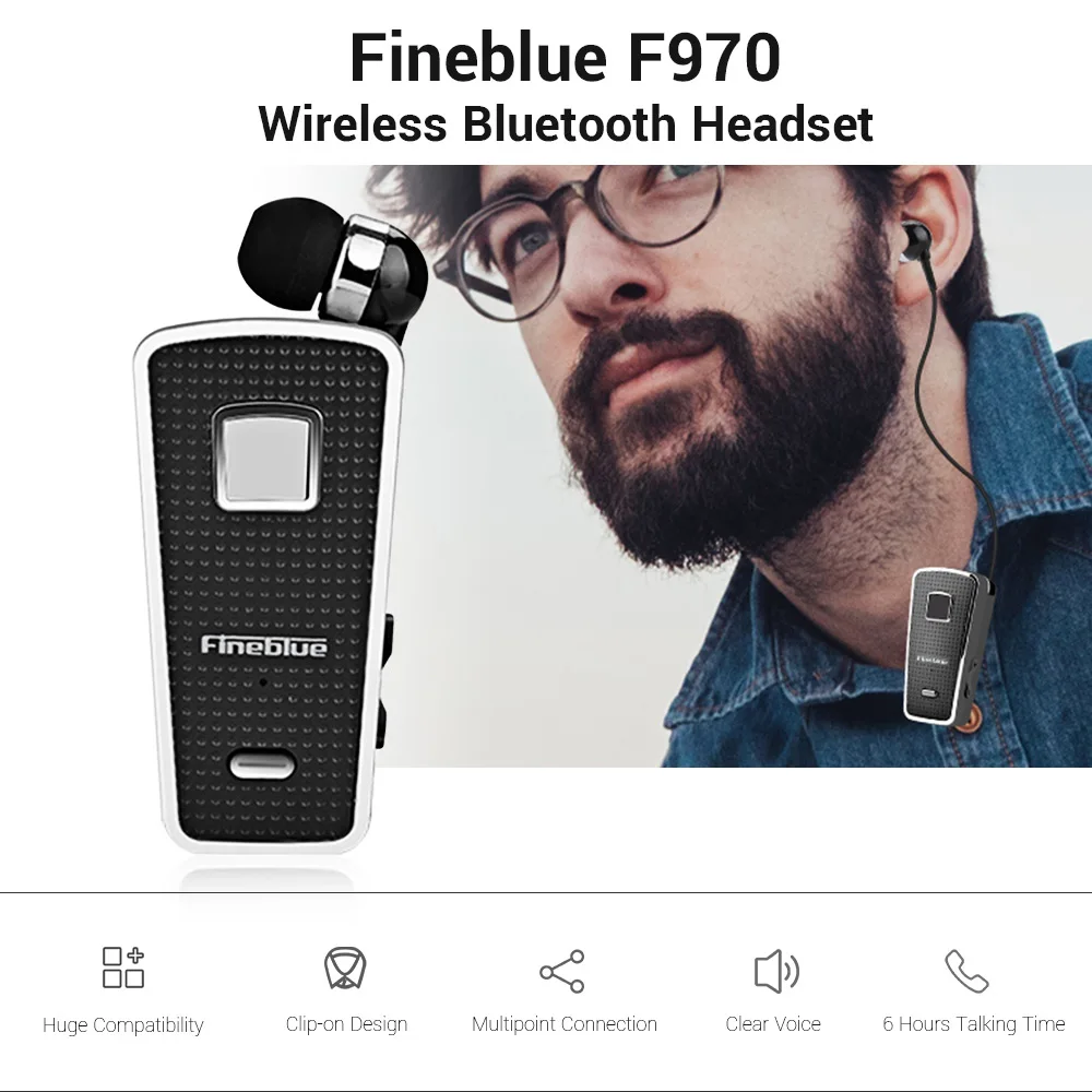 FineBlue F970 Беспроводной гарнитура Bluetooth наушник для смартфона стерео звук зажим, позволяющий освободить руки на вибрации Наушники-вкладыши