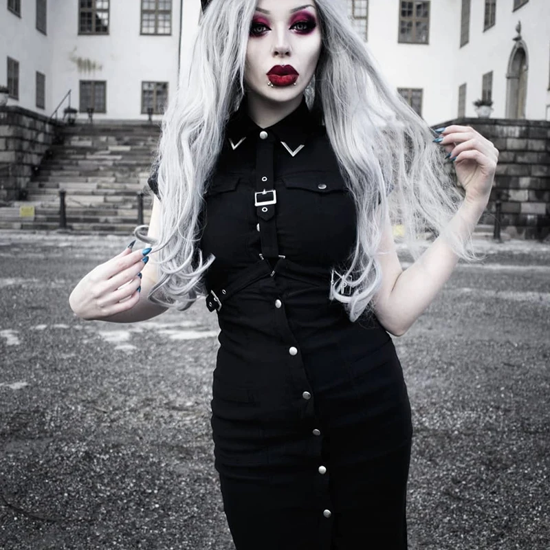 

Gothic Bodycon Black Dress Women Button Slim Belt Sexy Split Mini Dress Female Short Sleeve Goth Darkness Punk Party Dress