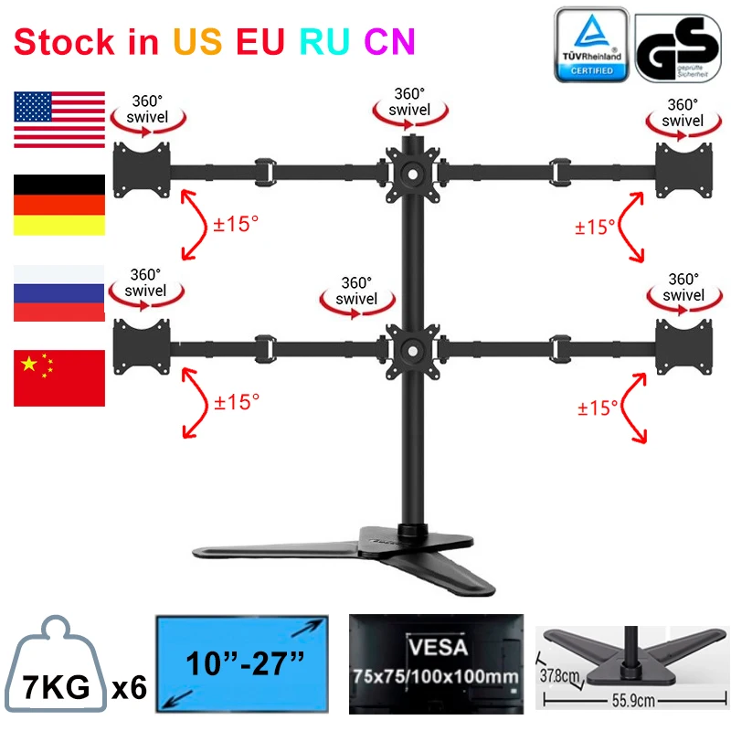 

Desktop Freely Standing Six Heavy LCD Arm Monitor Mount Stand Adjustable 6 Screens Fit for 10"-27" Max Support 7KG Per Arm