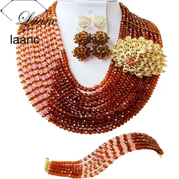 

Laanc Brown and Peach Nigerian Wedding African Beads Jewelry Set Crystal C10JK067
