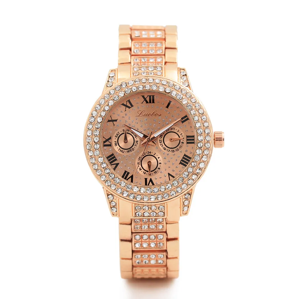 

Luxury Women Stainless Steel Watch 2018 Roman Digital Three Eyes Round Stainless Steel Crystal Diamond Dial Quartz Watch a60
