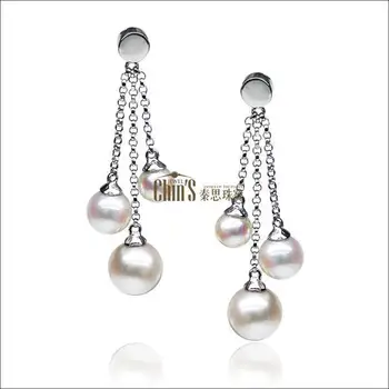 

Free Shipping Elegant 5-8mm White Genuine Akoya Pearl Triple Drop Earrings 9K Solid White Gold #0207
