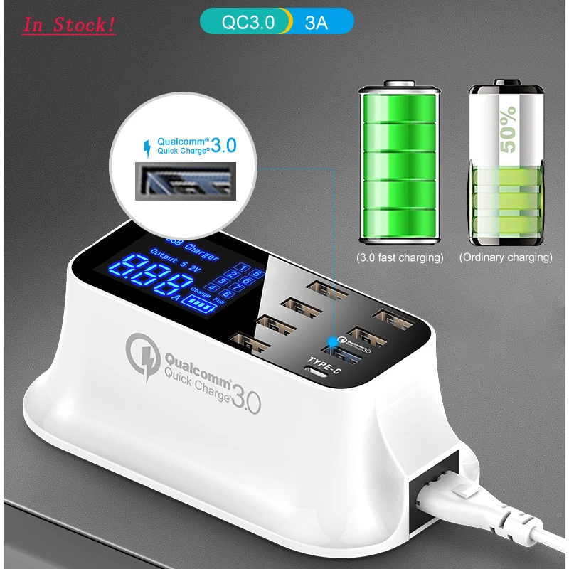 

Quick Charge 3.0 Smart USB Charger for iphone Samsung Type C Output Station Led Display Fast Charging Power Adapter Desktop