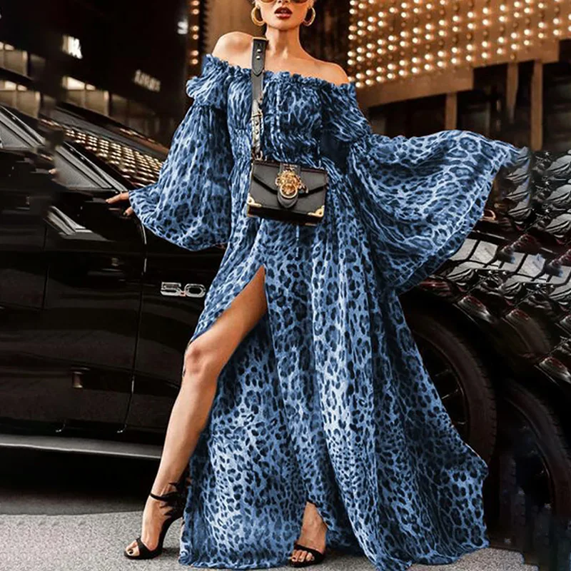 3XL плюс размер расклешенное длинное платье с открытыми плечами для женщин модное леопардовое платье осеннее элегантное вечернее платье макси vestido