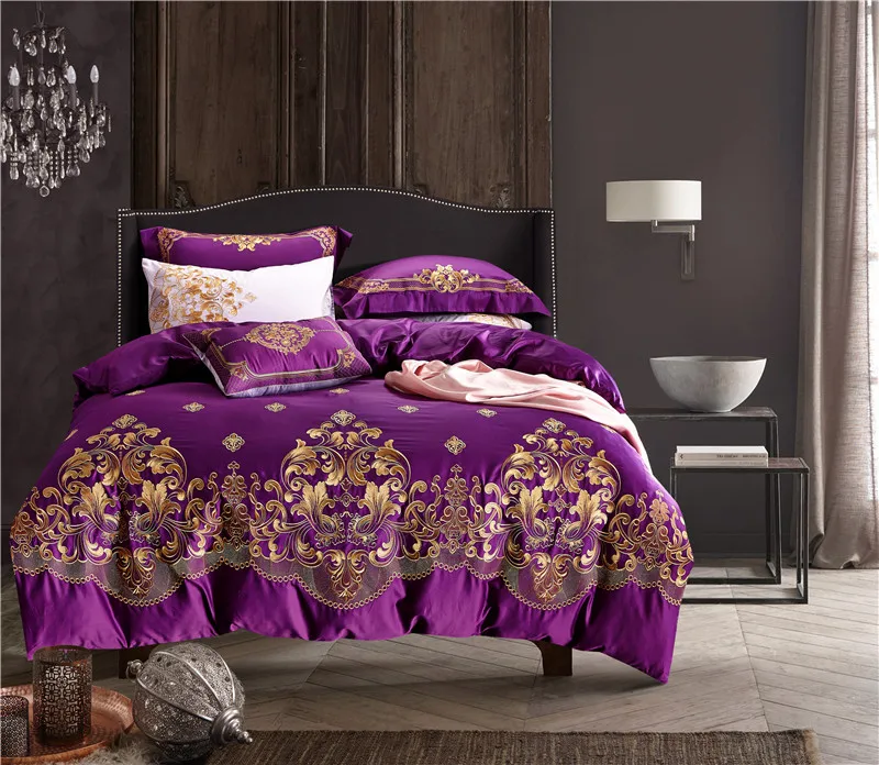 

2017 Luxury Embroidery 100%cotton bed linen blue red wedding bedding set/bedspread queen king size duvet cover sheet set 4pcs