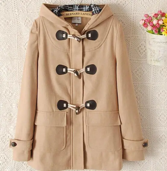 2014 Horn Button Wool Coat Women Hooded Windbreaker Jacket Duffle Toggle Coatin Wool & Blends