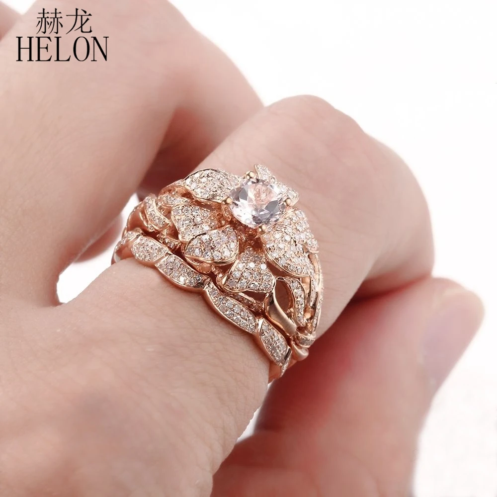 HELON Fine Jewelry Цветок Твердый 10 к розовое золото 5,5 мм круглый морганит бриллианты кольцо, сочетающийся ремешок обручальное кольцо с бриллиантами