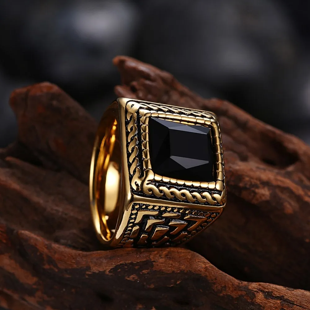 Square Black Stone Men Seal Ring Signet Gold Color Classic Wedding Band Male Rings Titanium Stainless Steel Biker Band DCR065
