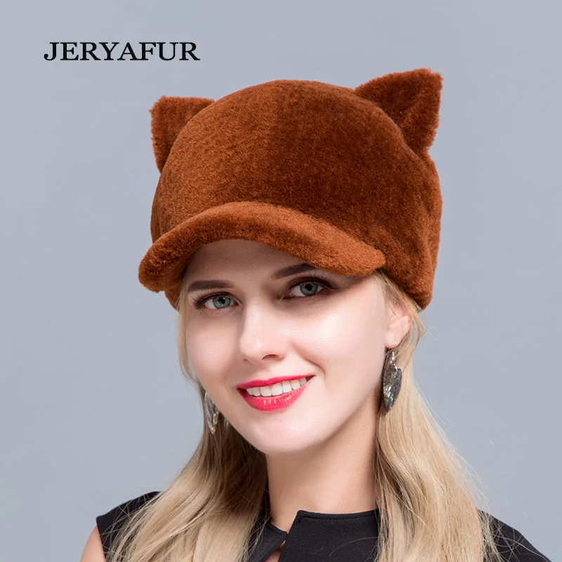 JERYAFUR/ горячая Распродажа, Новая меховая бейсболка с кошачьими ушками, Овечья меховая шапка, шерстяная женская шапка, милая Лыжная шапка из натурального меха, зимняя женская шапка - Цвет: COLOR3