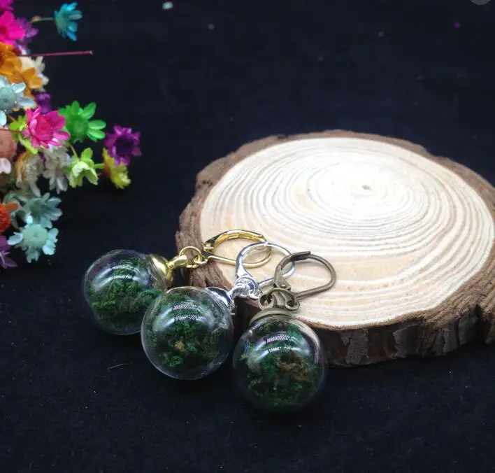 

1pair 16*4mm Handmade round glass globe & ear hook glass vial with green moss diy earring wire, glass wishing bottle diy jewelry