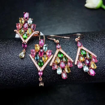 

luxurious Tassels Natural Multicolor tourmaline gem ring Pendant earrings Natural Gemstone Jewelry Set 925 Silver Women jewelry