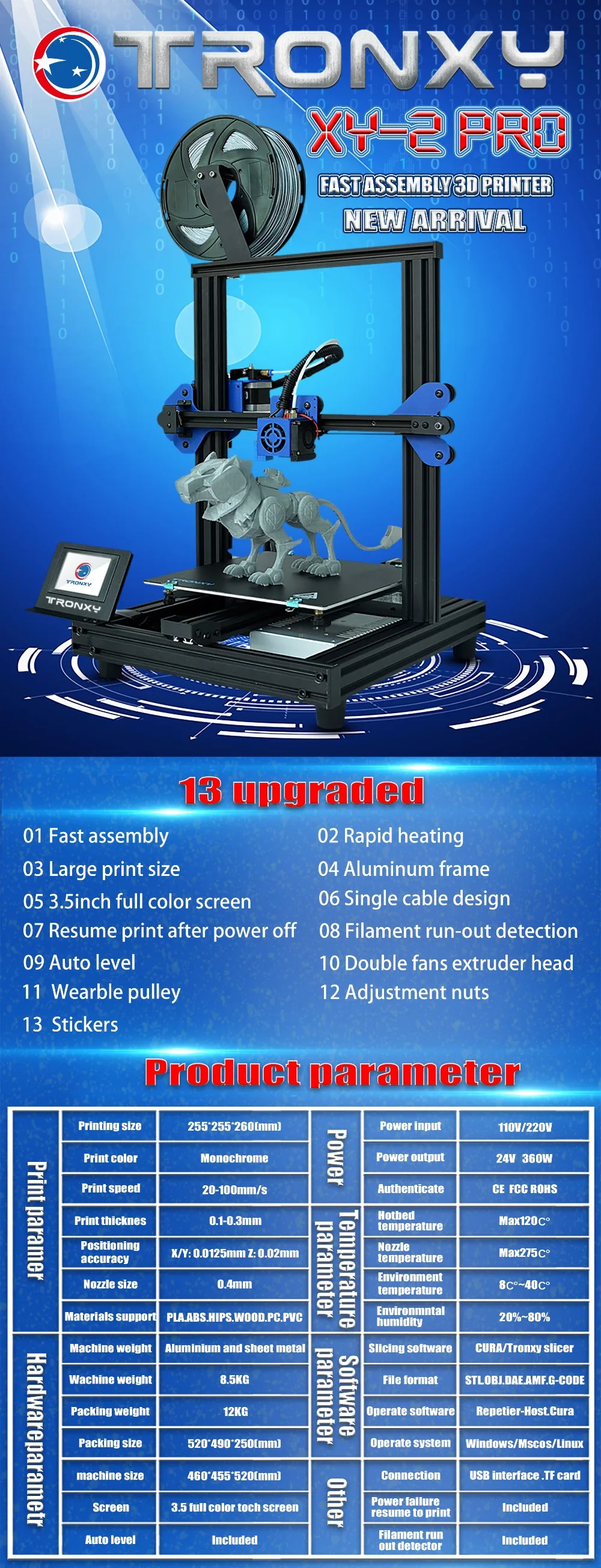 Tronxy XY-2 Pro 3d принтер полностью металлический плюс размер настольная рамка быстромонтируемый 3,5 дюймовый TFT экран Impresora 3D Drucker DIY экструдер