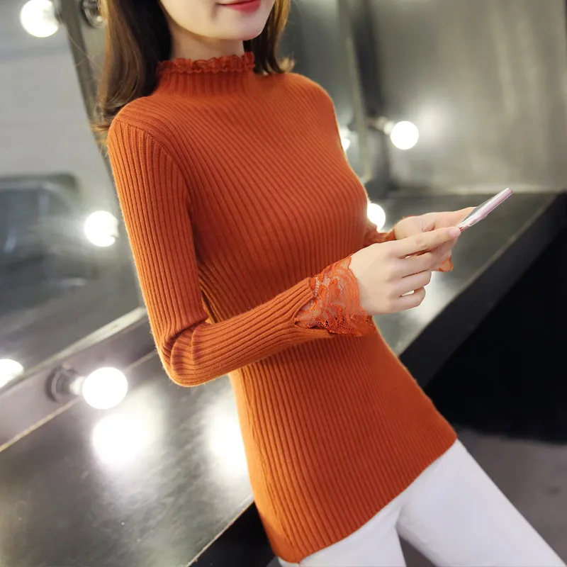 Casaul Long Sleeve Lace Turtleneck Pullover Lady Slim Top Women Solid Sweater Vintage Black White Female Jumper Plus Size - Color: ML8832brick red