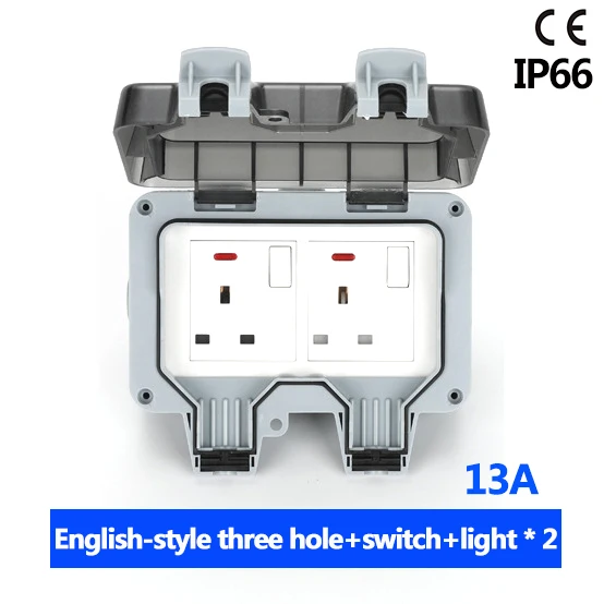 

IP66 waterproof socket English double three hole switch light Outdoor Wall Power Socket 13A Standard Electrical Outlet Grounded