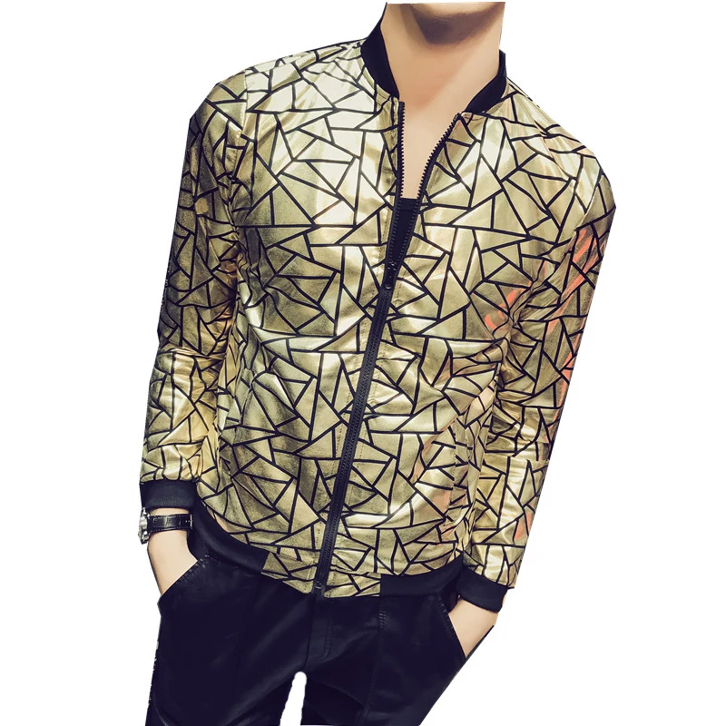 2018 Gold Shinny Bomber Jacket Men Thin Sunscreen Clothing Men Club Party Prom Outfit Men Plus