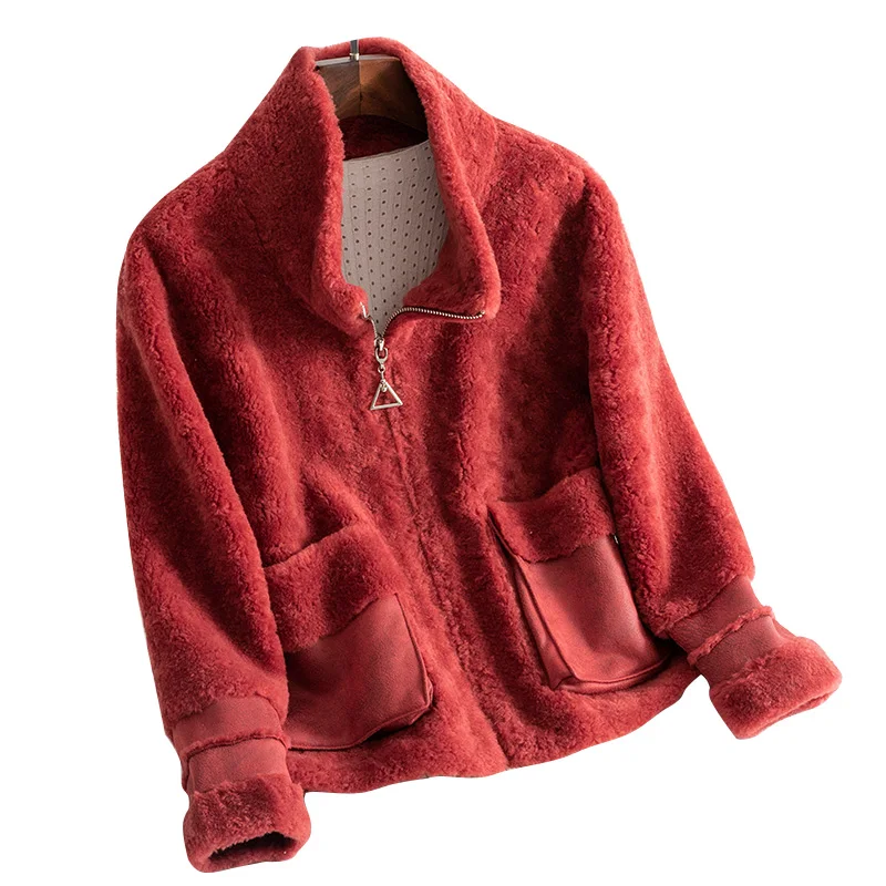 Coréen Laine Réel beige Red De coffee Vintage Vêtements Femmes 100 2018 Femme Manteau Mouton Fourrure Automne Zt1377 Veste Hiver 8xwzgzqd