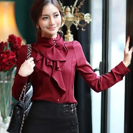  Women Chiffon Blouse Feminine OL Formal Ruffle Puff Sleeve Royal Satin Tops Female Long Sleeve Shir