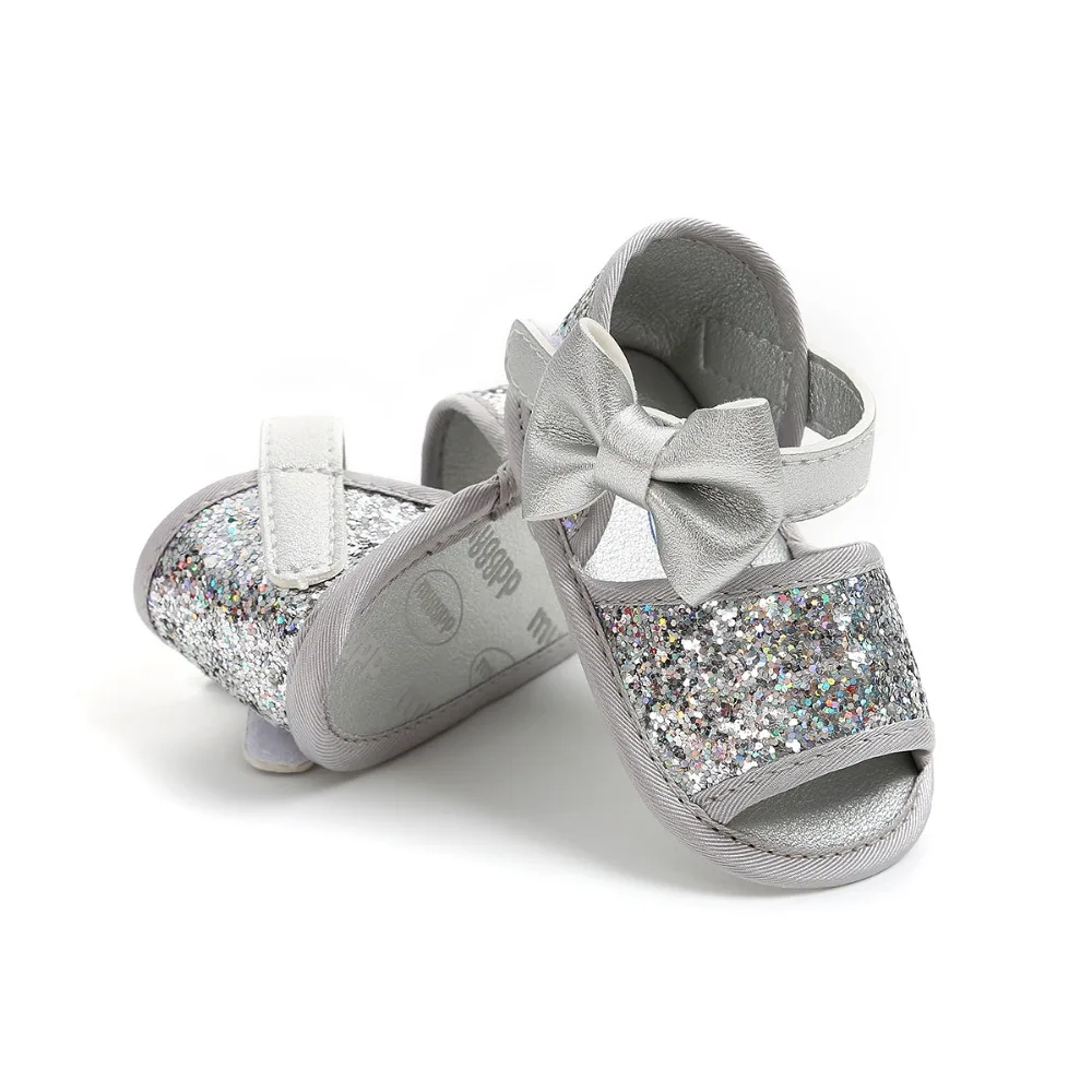 Brand Summer Sequin Bow Girls sandals PU Leather Princess sandals Gift baby moccasins Anti-slip Baby infant sandals