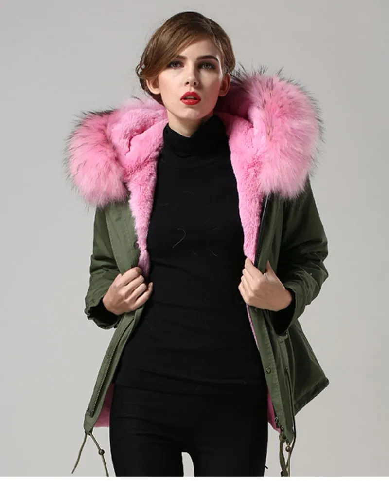 Discount 2015 Real Raccoon fur parke jacket mens womens pink faux fur lined coat  fashion show outwear c0153 14