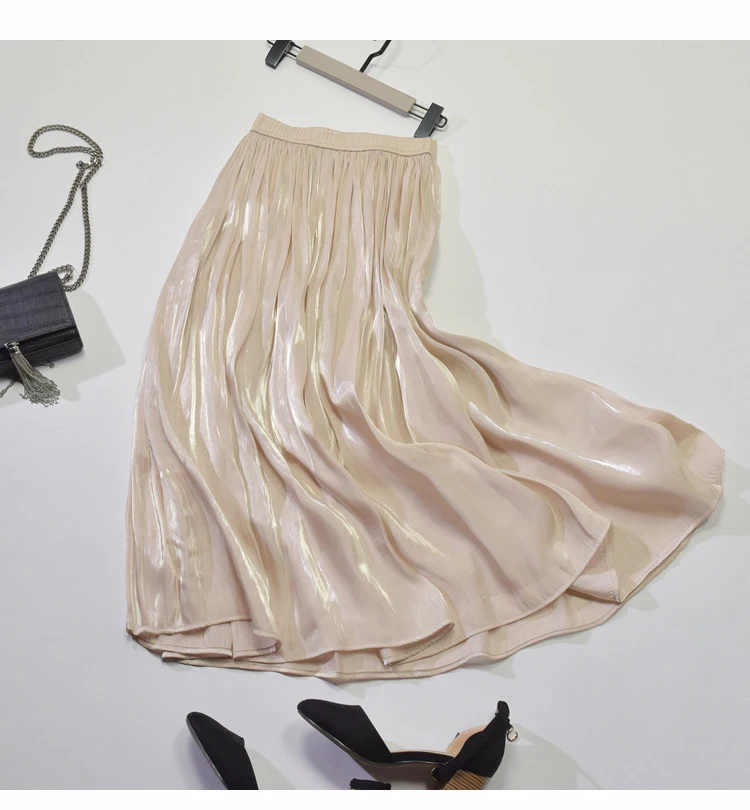 Spring New Korean Style Pleated Skirt Elastic Waist Pearl Luster Silk Slippery Faldas Largas Elegantes Free Shipping