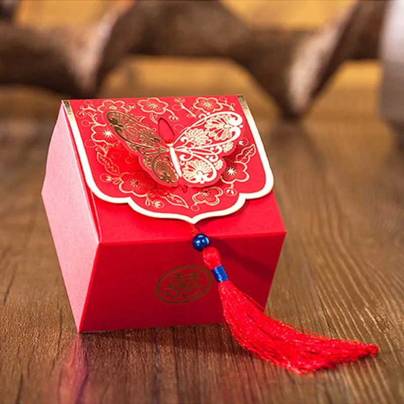 50 шт./лот) традиционная Китайская Красная свадьба коробка конфет с кисточкой Золотая фольга 3D Бабочка Свадебный подарок коробки B007 - Цвет: Style 3