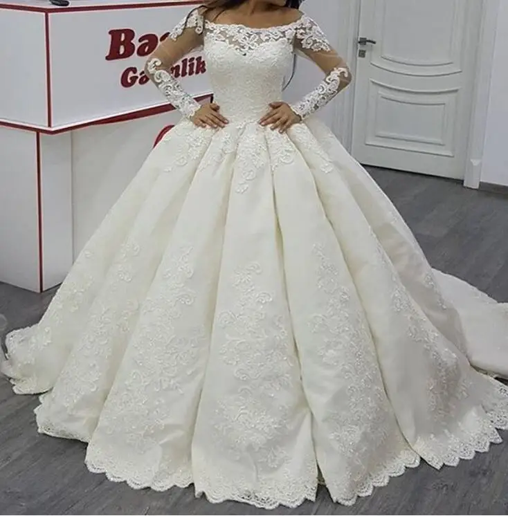 Vestido De Noiva на заказ Роскошное винтажное бальное платье из атласа с длинным рукавом, свадебные платья, белое платье с вырезом лодочкой, свадебные платья