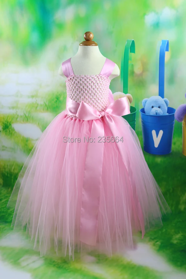 

2014 new Girls Dress Princess dress children's wear Party Big bow girl wedding flower Baby girls dress pink tulle Floor Dress