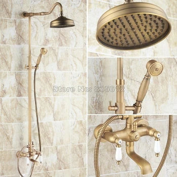 

Bathroom Rain Shower Faucet Set with 8" Shower Head & Wall Mounted Antique Brass Dual Ceramic Handles Bathtub Mixer Taps Wrs115