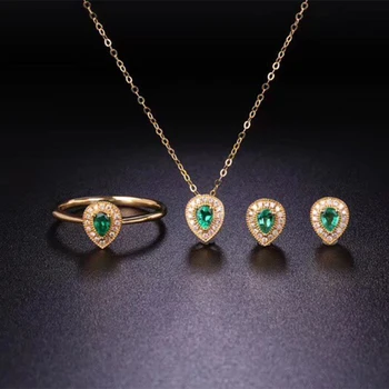 شراءANI 18K الذهب الأصفر (AU750) الزمرد المرأة المشاركة طقم مجوهرات الزفاف خاتم الماس الطبيعي قلادة الزفاف المعلقات أقراط