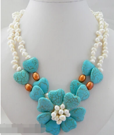 

Jewelr 005496 2row 19'' 6mm white freshwater pearl 9mm rice orange pearl Turquoise necklace