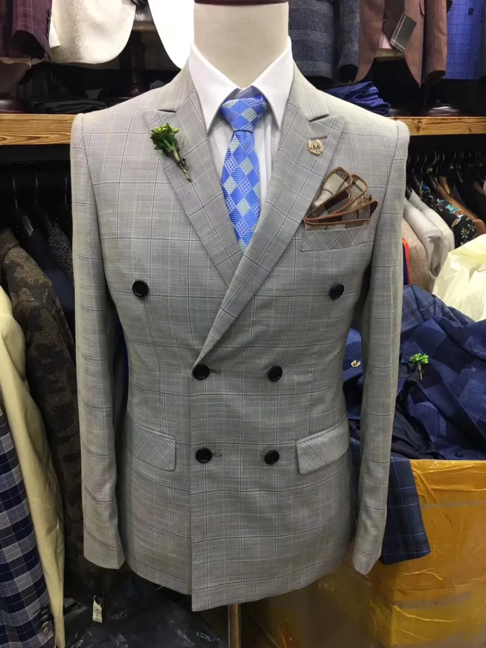 Королевский синий серый двубортный Свадебный костюм Для мужчин штаны в клетку Блейзер Пром Slim Fit Tuxedo Формальное Бизнес куртка заостренный