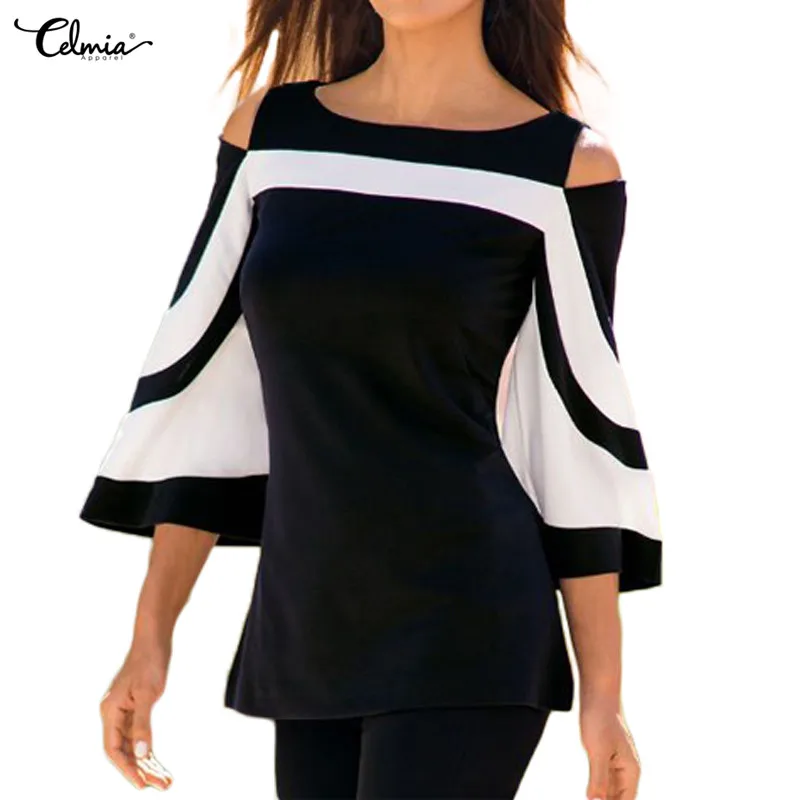 

Celmia Plus Size Cold Shoulder Tops Women Blouse 2019 Autumn 3/4 Bell Sleeve Black White Colorblock Blusa Femininas Ladies Shirt
