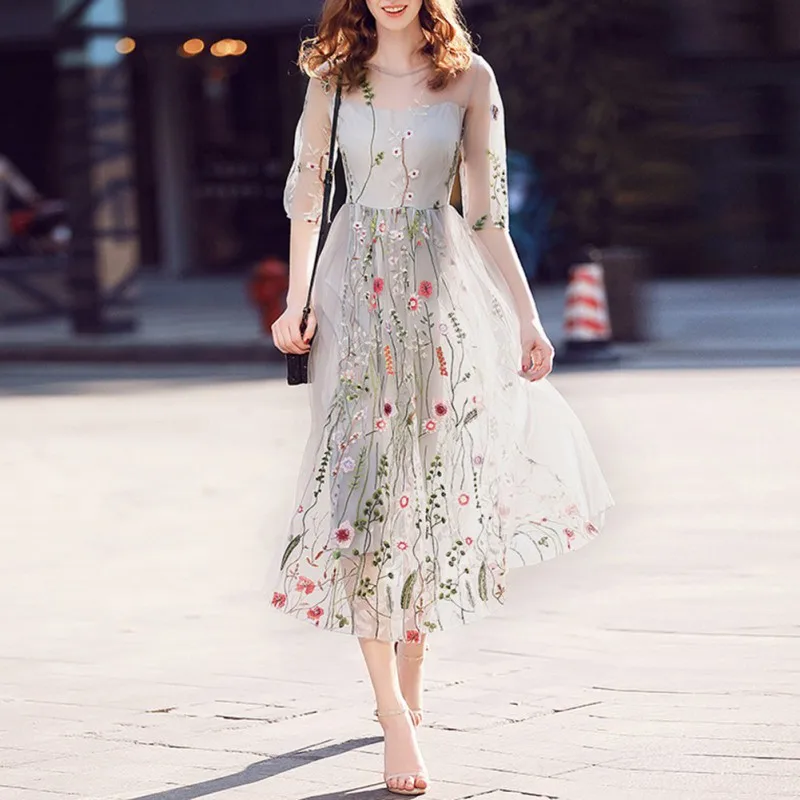 

Bohemian Flower Embroidered Dress Evening Party Floral Dresses Gorgeous Half Sleeves Sheer Long Dress