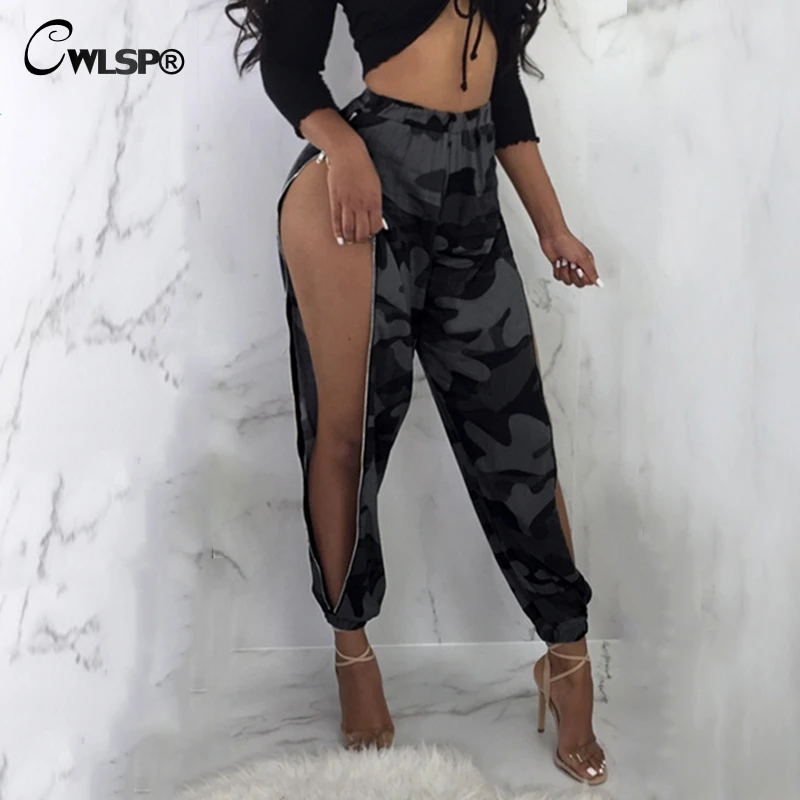 

CWLSP 2018 Summer Casual Loose Pants For Women Camouflage Splite Straight Full Length With Zipper Female Pants QZ2629