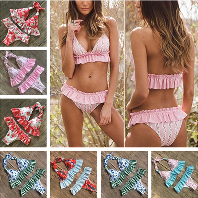 

Retro Printed Floral Bikini Set Women Ruffles Padded Bra Bandage Push Up Triangle Wine Red Swimsuit Womens Swimwear Bathing Suit
