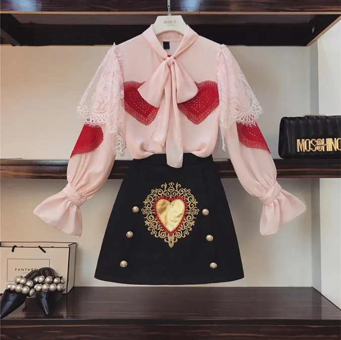 

2019 Spring Women's Bow Tie Long Sleeve Pink Lace Chiffon Blouse Shirt + High Waist Embroidered Short Skirt Two Piece Skirt Set