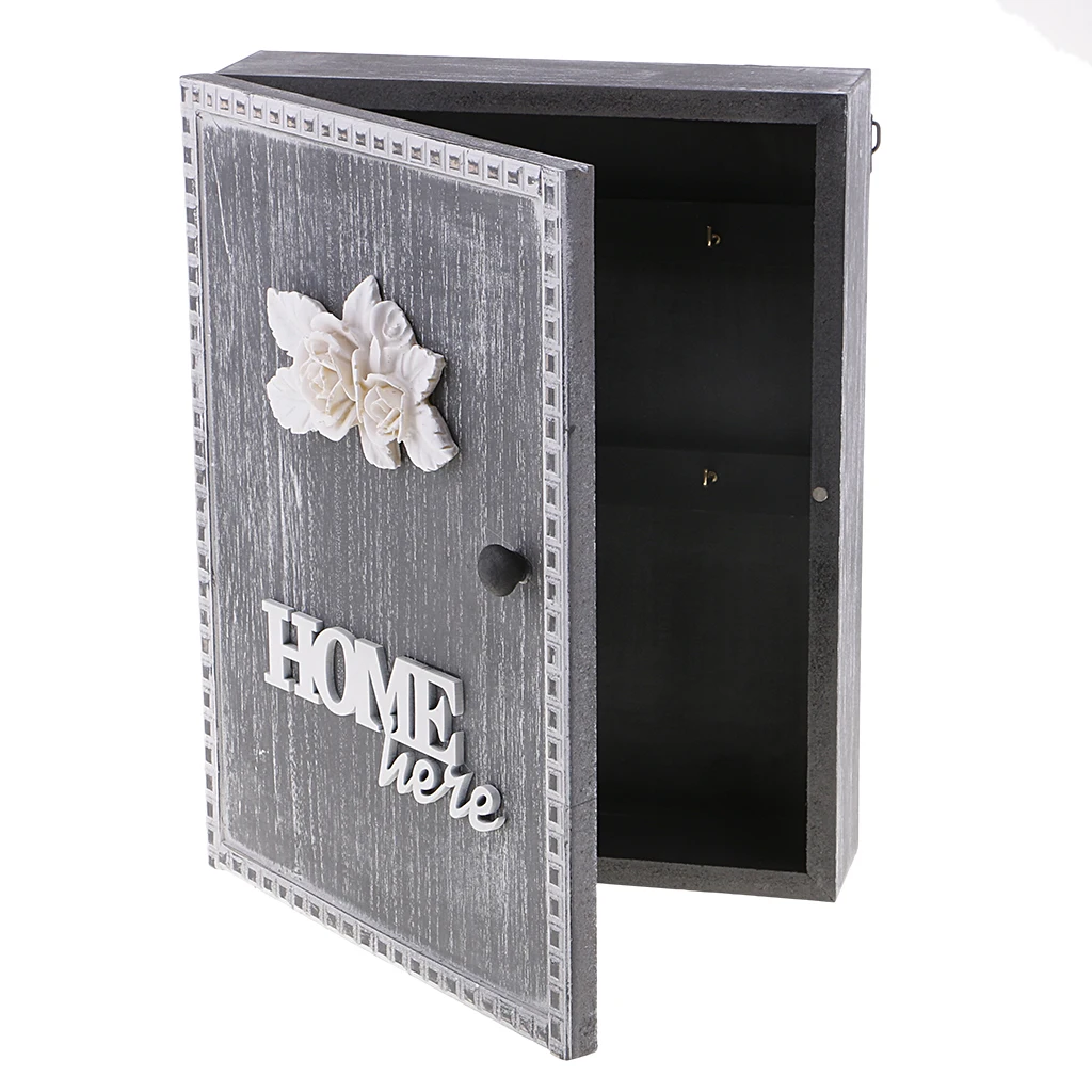 Shabby Chic Style Wooden Key Storage Box Wall Mount Shelf Cabinet Cupboard Rack with 6 Hooks Home Organizer for Letter