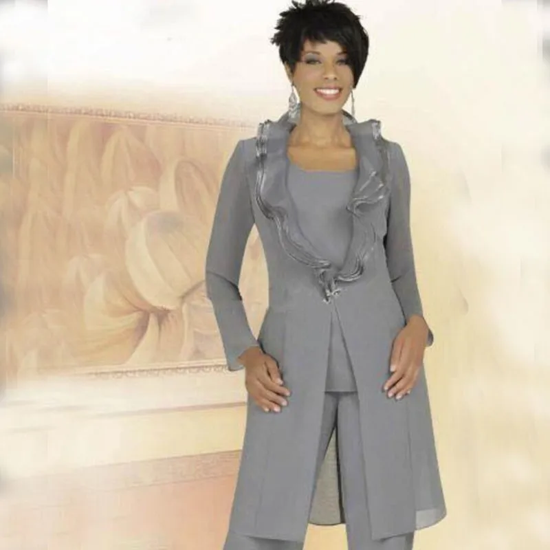 2016 Sliver Chiffon Mother Of The Bride Pant Suits Ruffles Neck Long 2016 Sliver Chiffon Mother Of The Bride Pant Suits Ruffles Neck Long Jacket Plus Size Evening Dresses In