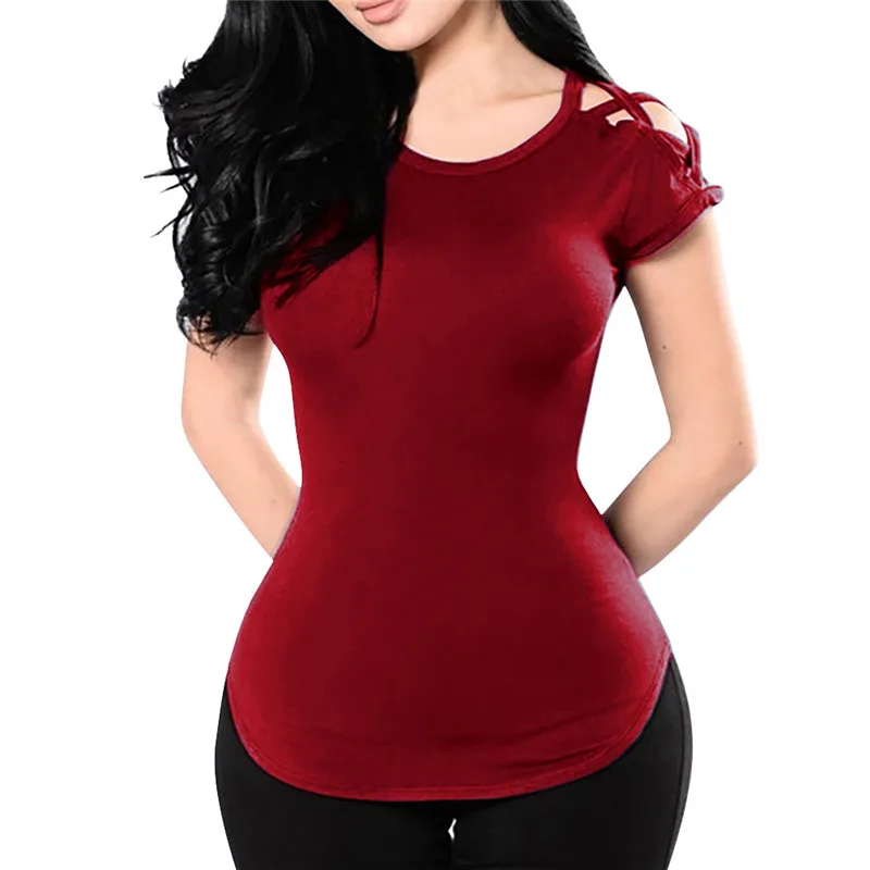 Feitong Summer Bandage V-Neck Fashion Women Cold Shoulder Slim Tee Top Ladies Shirt Casual Short Sleeve Blouse Female Blus - Цвет: Red