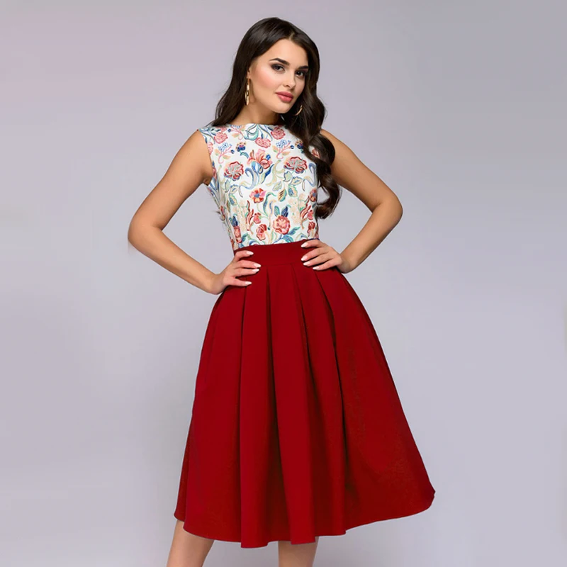 

Women Elegant Vintage Print A Line Dress Ladies Sleeve O Neck Patchwork Party Dress 2018 Winter New Fashion Women Mid-Calf Dress