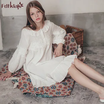 

Fdfklak Sweet princess nightgown women cotton and lace sleepwear dress spring autumn nightgown female loose casual nightshirt